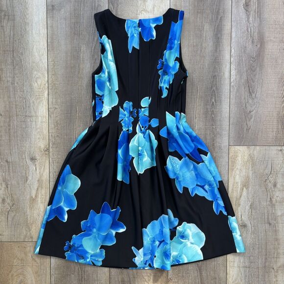 Calvin Klein Blue Black Sleeveless Floral Fit & Flare Cocktail Dress Sz 8 Spring - Picture 5 of 11